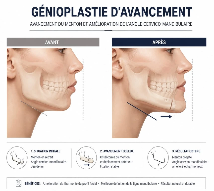 Schéma explicatif de la génioplastie avant après montrant l'avancement du menton et l'harmonisation du profil
