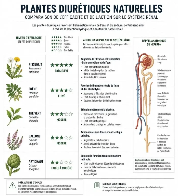 Infographie comparative des plantes diurétiques naturelles les plus puissantes pour la santé