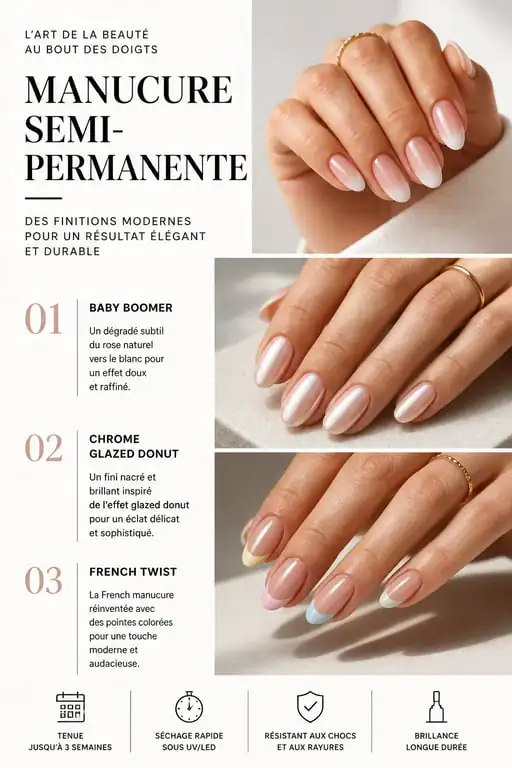 Modèles de vernis semi-permanent : baby boomer, chrome et French twist