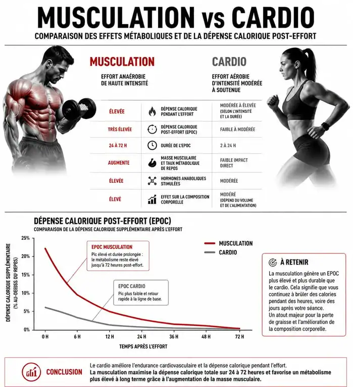 Infographie comparative : impact de la musculation et du cardio sur le métabolisme et la dépense calorique