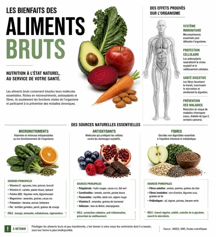 Infographie sur les bienfaits des aliments bons pour la santé et leurs apports nutritionnels