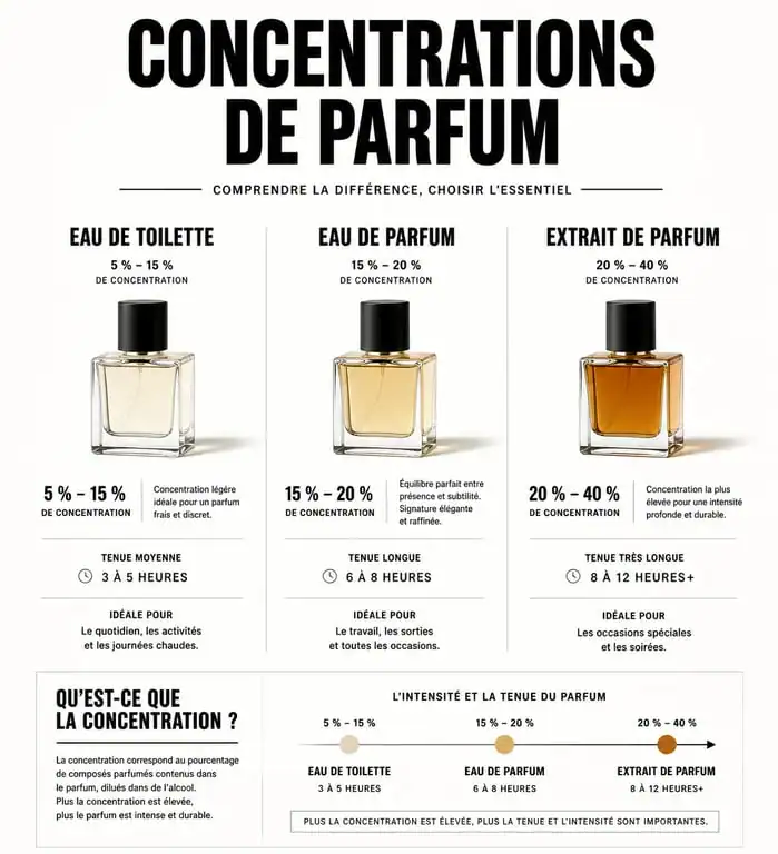 Infographie comparative des concentrations de parfum femme 2025