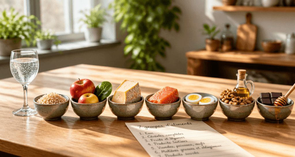 les 7 groupes d aliments tableau sur une table