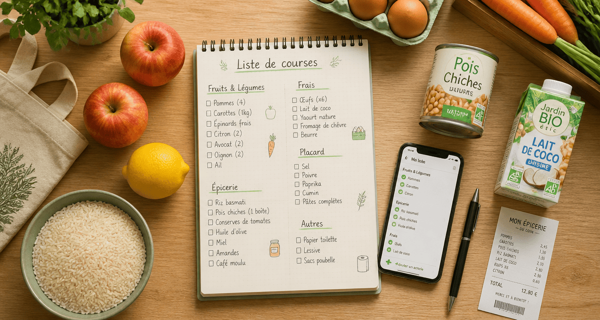 liste courses alimentaires structurée avec aliments frais