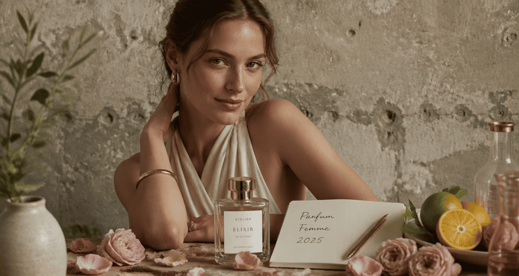 Parfum femme 2025 flacon bijou sur table