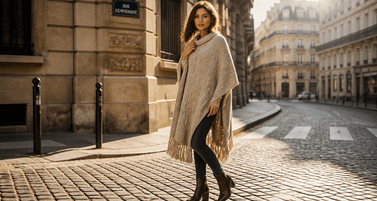Poncho tricot femme beige sur femme élégante à Paris