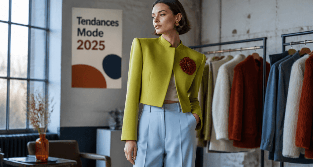 tendance mode 2025 femme veste boléro vert chartreuse broche bordeaux