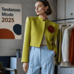 tendance mode 2025 femme veste boléro vert chartreuse broche bordeaux