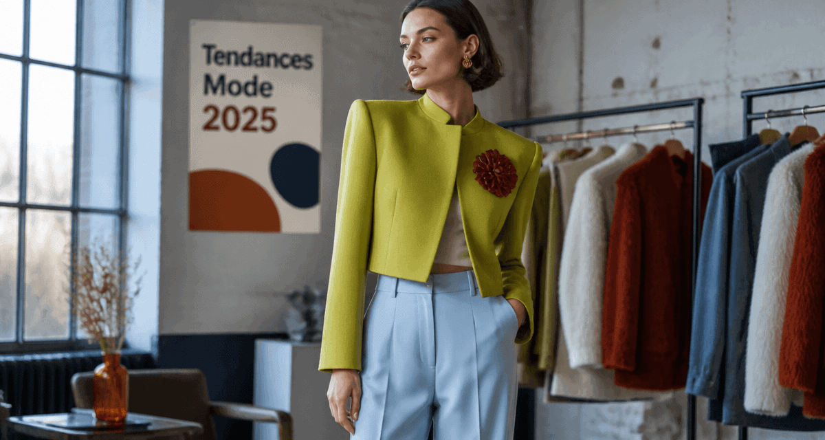 tendance mode 2025 femme veste boléro vert chartreuse broche bordeaux