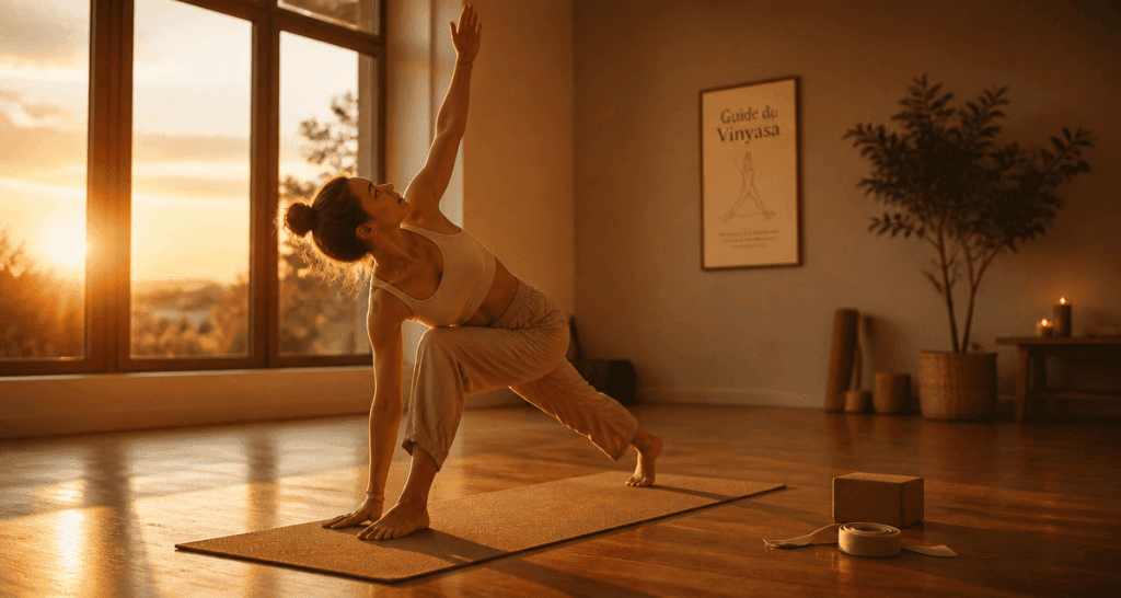 Femme pratiquant vinyasa dans un studio lumineux