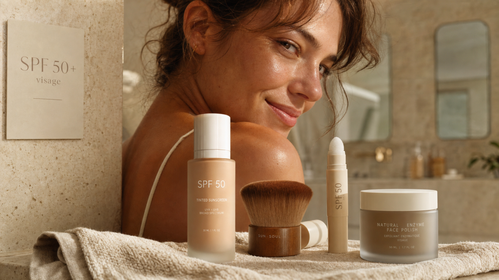 Bronzer au visage : crème SPF 50, peau sans taches
