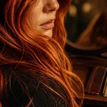 Cheveux auburn cuivré, gros plan reflets cuivrés