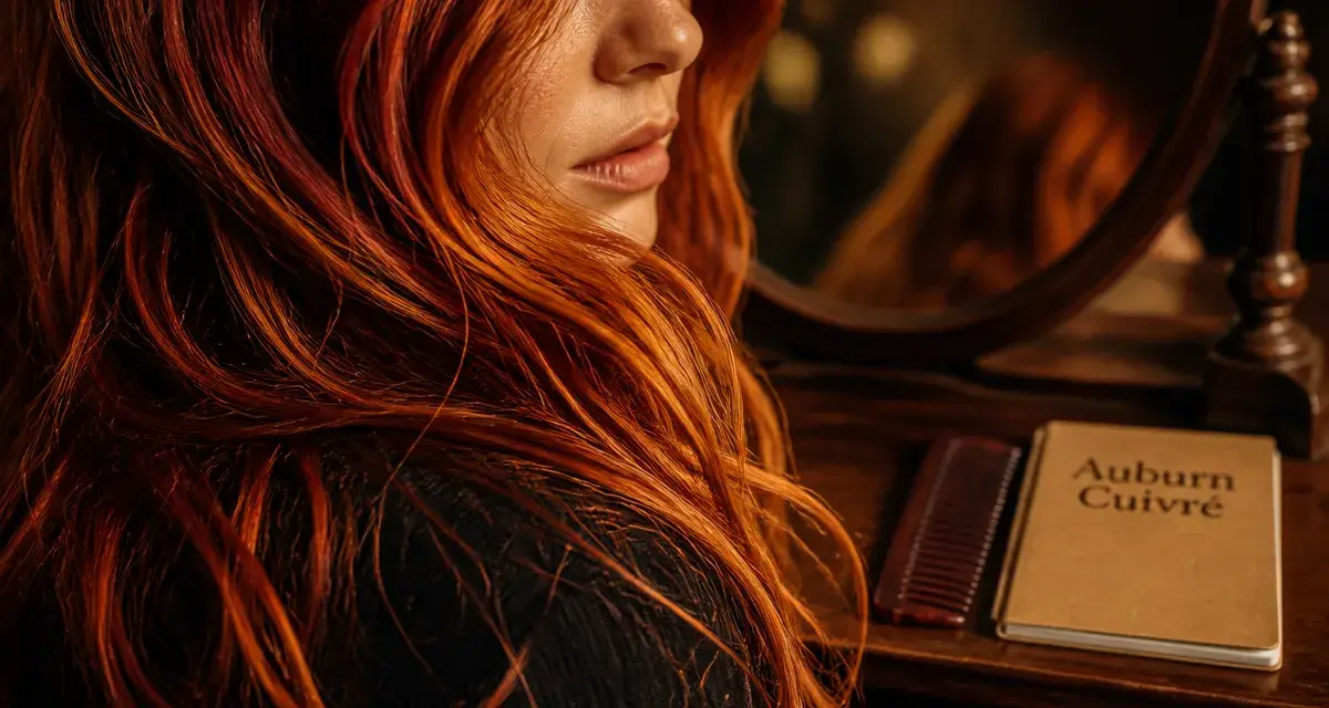 Cheveux auburn cuivré, gros plan reflets cuivrés