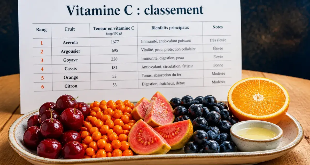 Photo : classement fruit vitamine C, acérola, argousier, goyave, cassis, orange