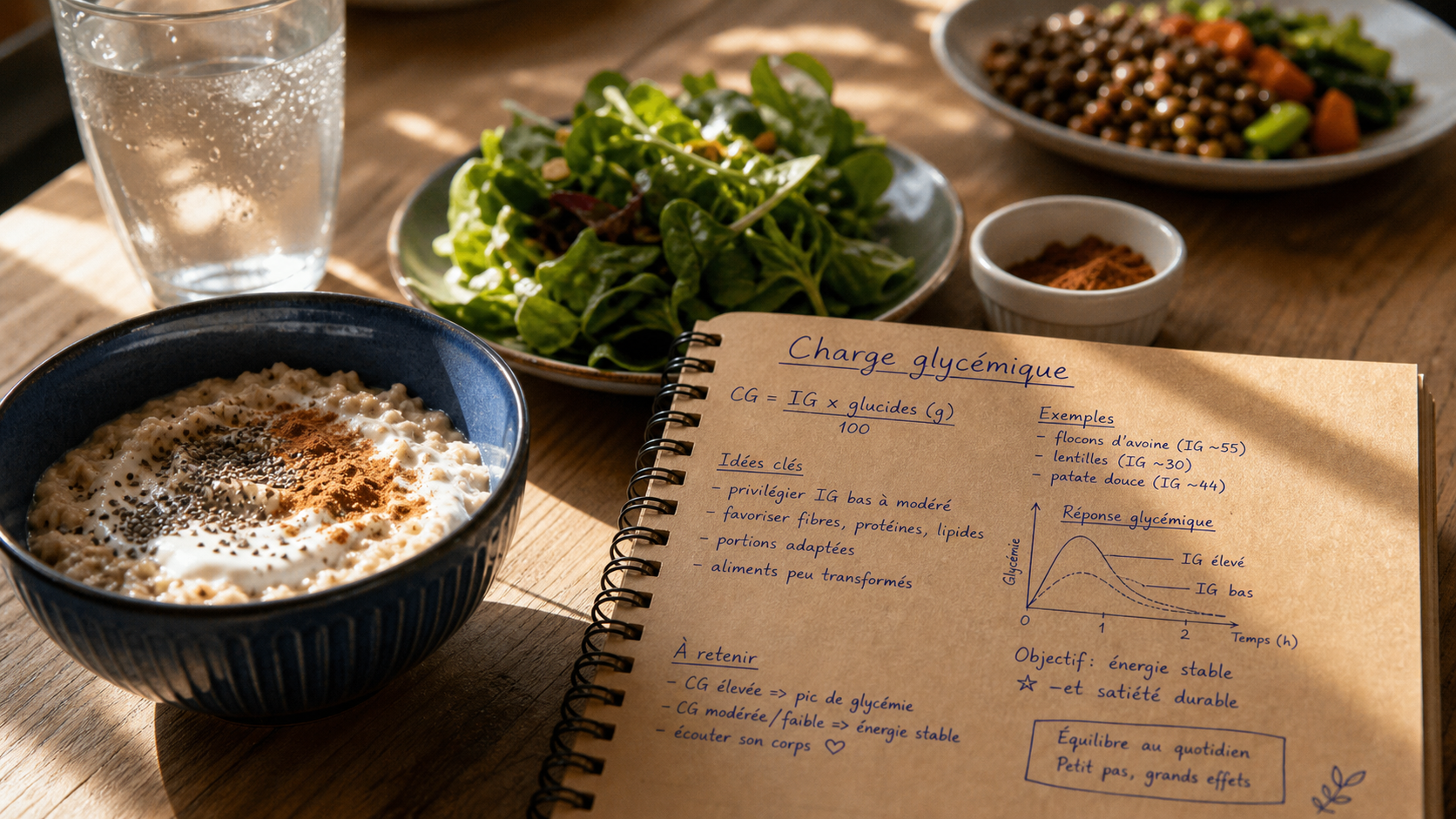 Comment faire baisser la glycemie : bol d’avoine, yaourt et cannelle, assiette de salade
