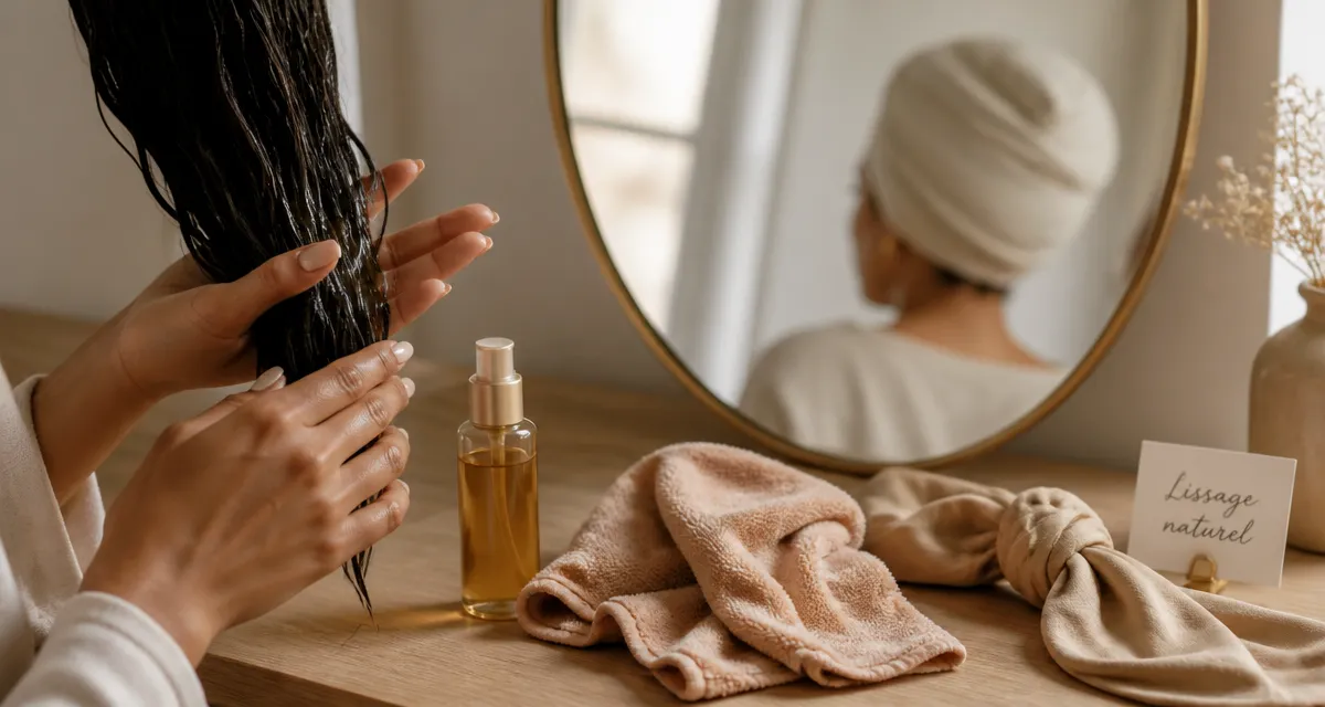 Comment lisser ses cheveux sans lisseur : sérum sur cheveux humides et microfibre