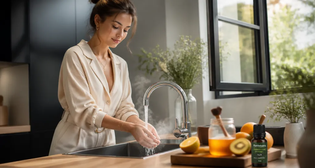 comment ne pas tomber malade femme se lave les mains cuisine