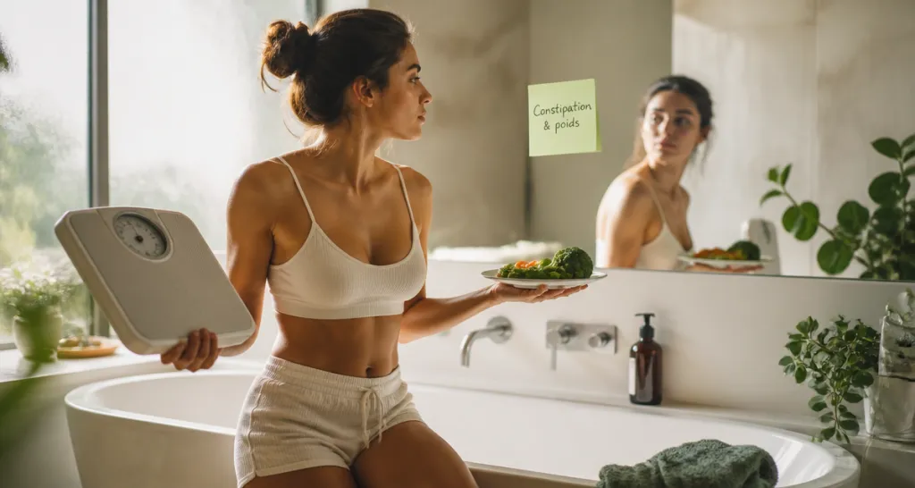 Constipation et prise de poids, femme avec balance et légumes