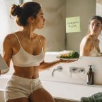 Constipation et prise de poids, femme avec balance et légumes