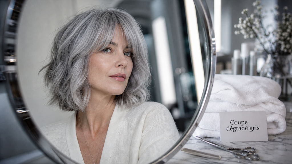Coupe cheveux gris dégradé, wavy bob avec volume et frange rideau