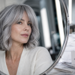 Coupe cheveux gris dégradé, wavy bob avec volume et frange rideau