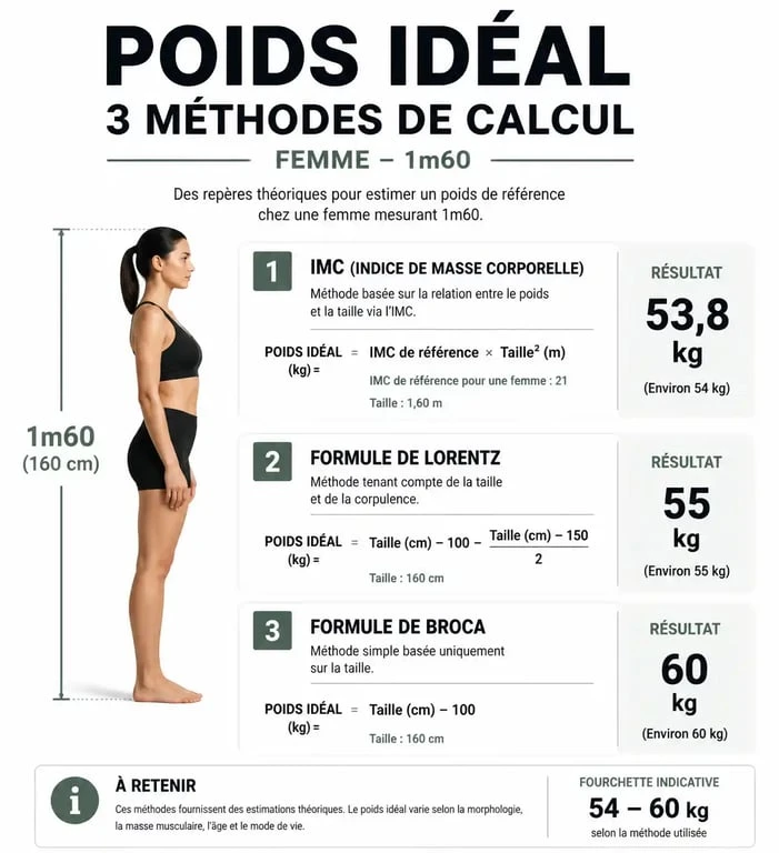 Infographie des méthodes de calcul du poids idéal pour une femme de 1m60 incluant IMC, Lorentz et Broca