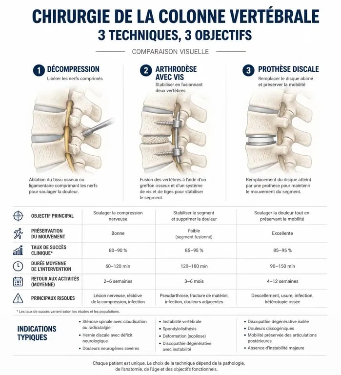 Schéma comparatif des techniques de traitement chirurgical de la discopathie : décompression, arthrodèse et prothèse discale.