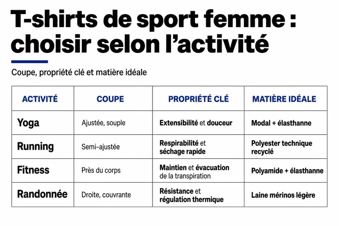 Tableau comparatif des t-shirts de sport femme selon l'activité et les matières techniques