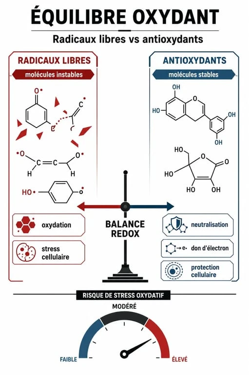 Schéma explicatif du stress oxydatif : équilibre entre radicaux libres et antioxydants