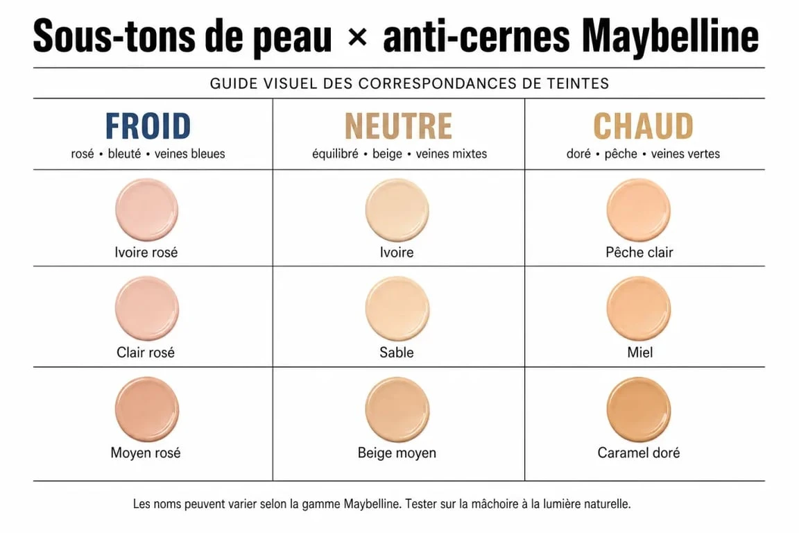 Infographie montrant comment choisir sa teinte d'anti-cernes Maybelline selon son sous-ton