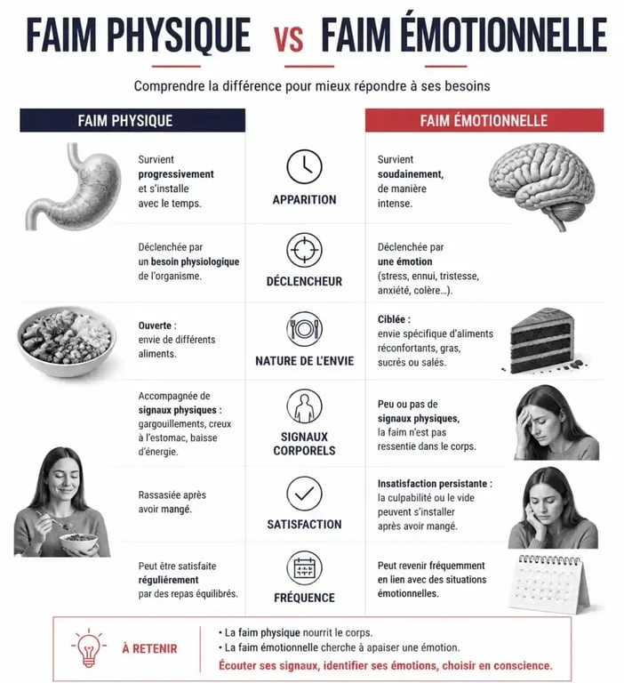 Infographie comparant la faim physique et la faim émotionnelle pour mieux comprendre comment arrêter de manger en cas de compulsion.