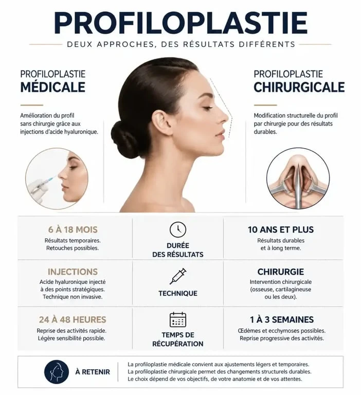 Infographie comparative entre la profiloplastie médicale et la profiloplastie chirurgicale pour comprendre les différences de résultats et de procédures.
