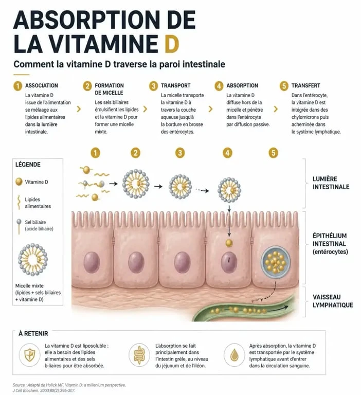 Schéma explicatif de l'absorption de la vitamine D liposoluble avec des lipides alimentaires