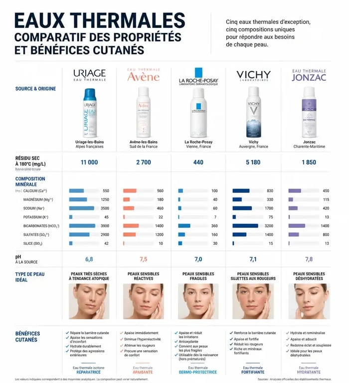 Comparatif des meilleures eaux thermales pour le visage selon le type de peau et la minéralité