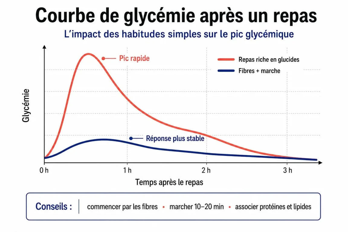 Infographie illustrant comment faire baisser la glycémie et stabiliser le taux de sucre dans le sang.