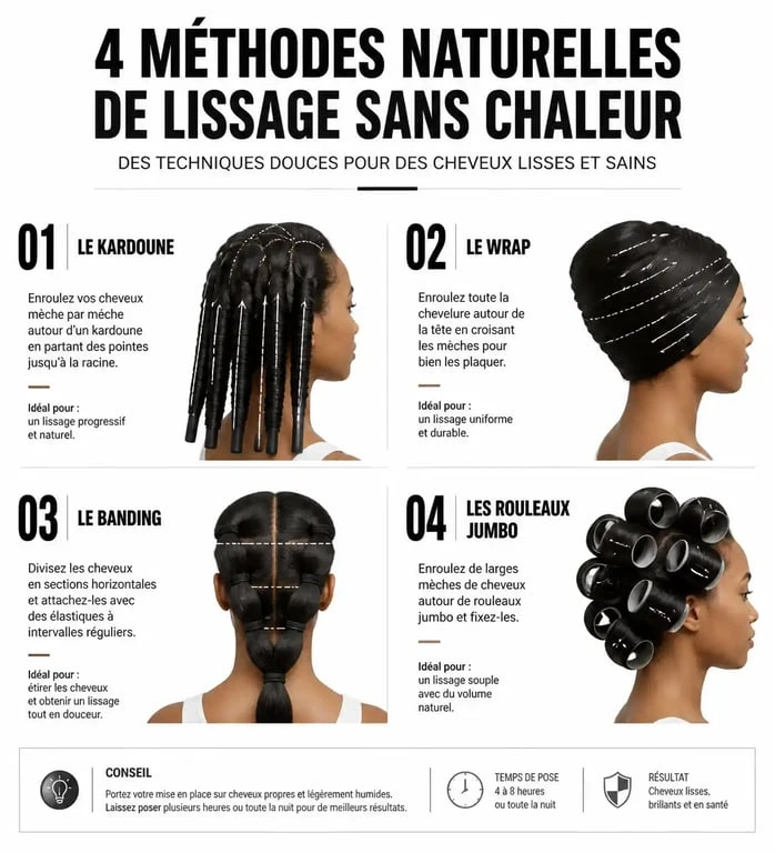 Infographie des méthodes pour lisser ses cheveux sans lisseur naturellement