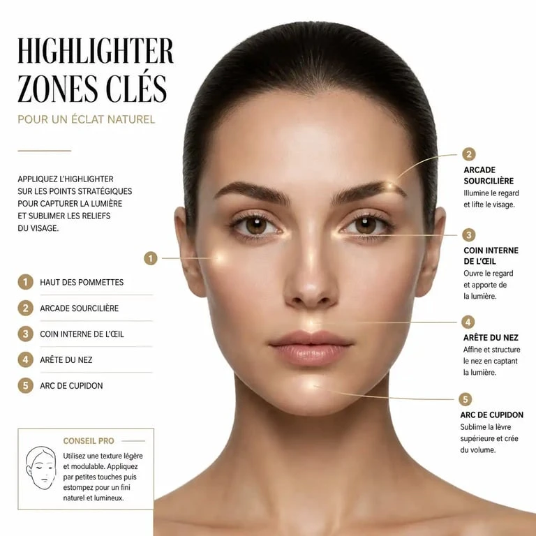 Schéma des zones d'application de l'highlighter pour un teint lumineux