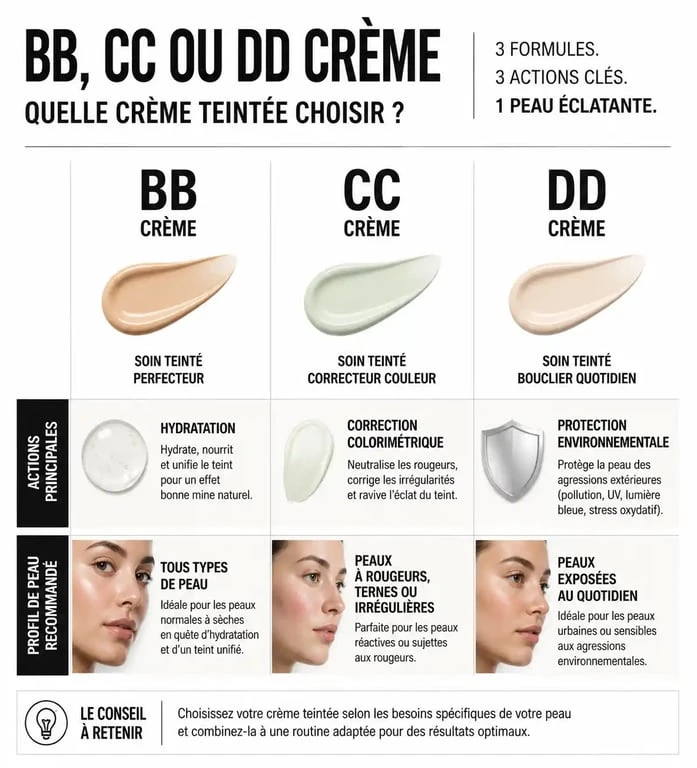 Infographie comparative des différences entre BB crème, CC crème et DD crème selon l'avis d'un dermatologue
