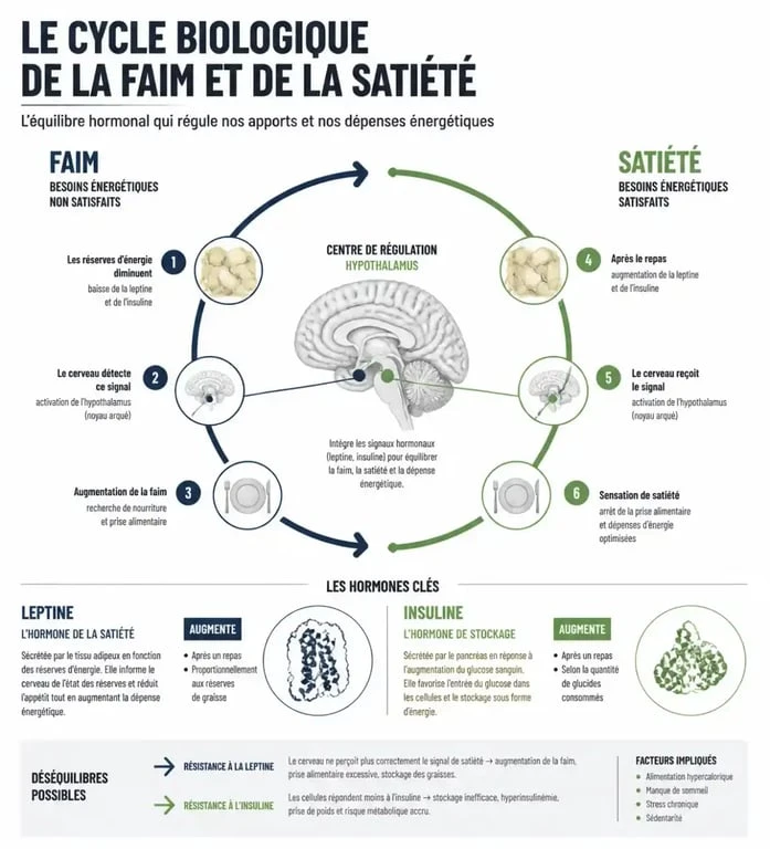 Schéma explicatif des mécanismes hormonaux et du manque de volonté dans la perte de poids