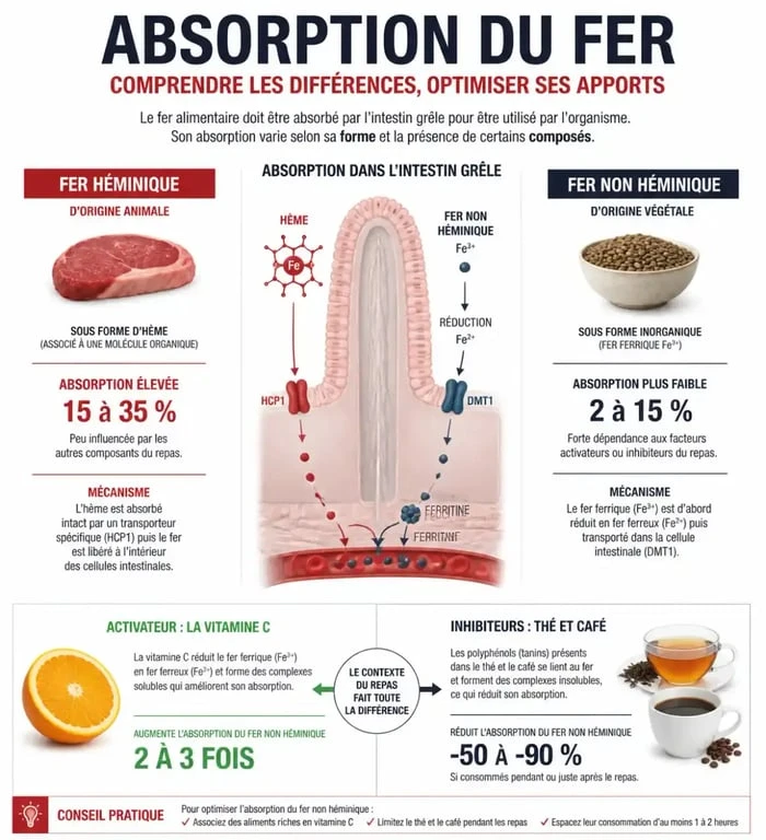 Infographie sur l'absorption du fer : fer héminique vs non héminique, rôle de la vitamine C et inhibiteurs