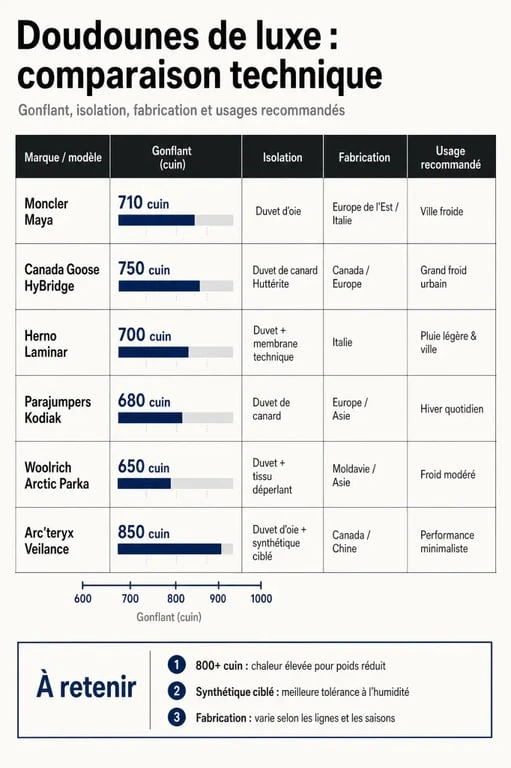 Infographie comparative des critères techniques pour choisir une marque de doudoune de luxe