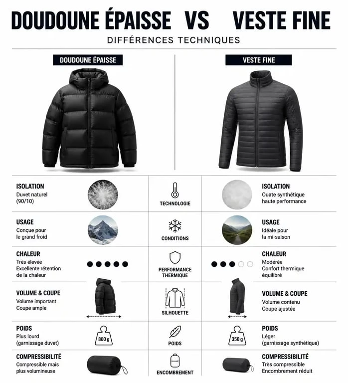 Infographie comparative des différences techniques entre une doudoune épaisse et une veste fine pour choisir son équipement.