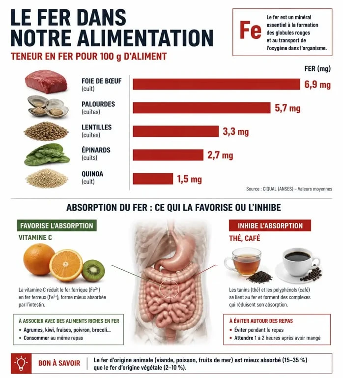 Infographie sur les aliments riches en fer et les conseils pour optimiser l'absorption du fer alimentaire