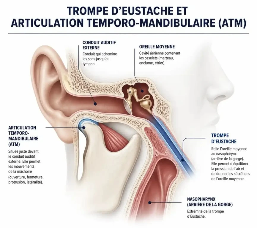 Schéma anatomique expliquant les causes des craquements dans les oreilles et le rôle de la trompe d'Eustache.