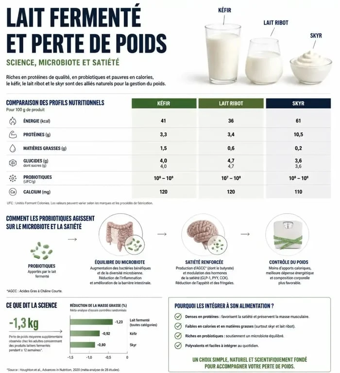 Infographie sur les bienfaits du lait fermenté et la perte de poids, comparant kéfir, lait ribot et skyr.