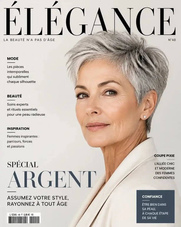 Femme de 60 ans avec une coupe pixie moderne et élégante, idéale pour les cheveux gris.
