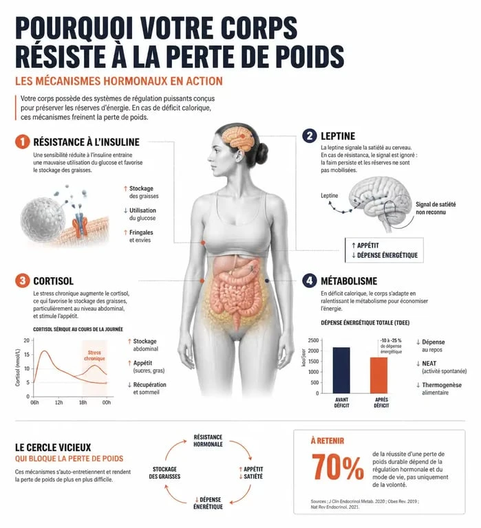 Infographie explicative sur les causes hormonales du blocage de la perte de poids et pourquoi je n'arrive pas à maigrir.