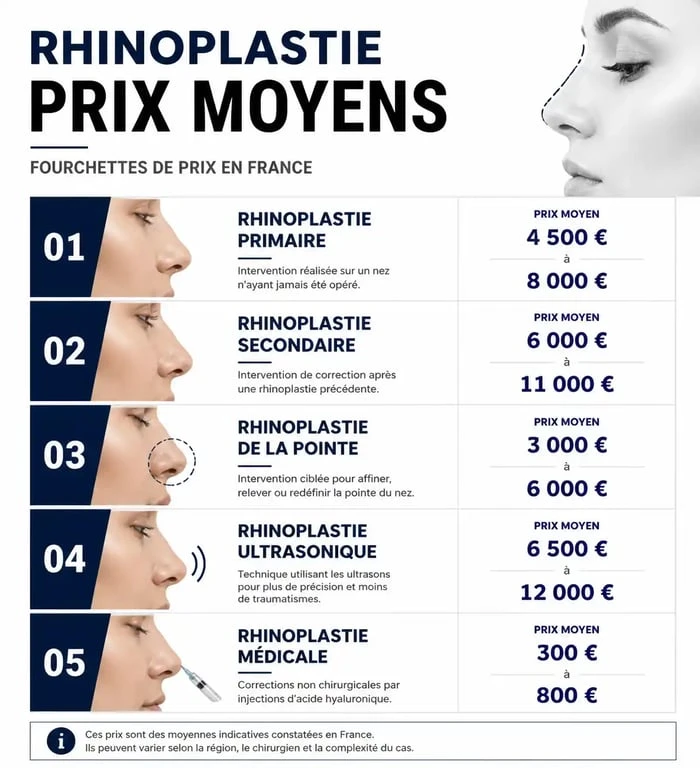Tableau comparatif des tarifs de la chirurgie esthétique du nez : rhinoplastie primaire, secondaire et médicale.