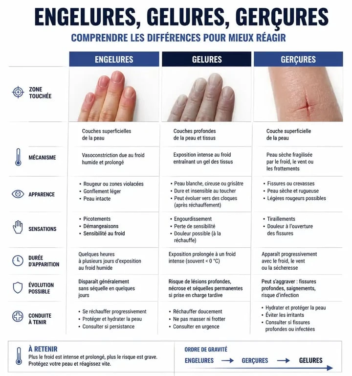 Infographie comparative des symptômes d'engelure au pied, gelure et gerçure pour identifier les causes et les soins.