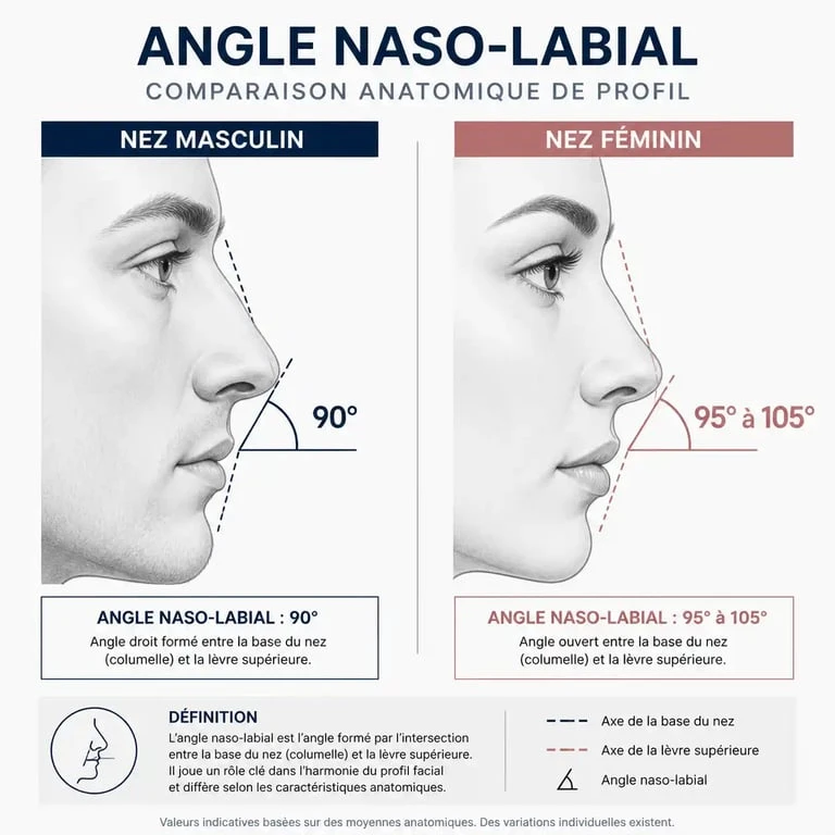 Schéma comparatif de l'angle naso-labial pour une rhinoplastie pour homme réussie